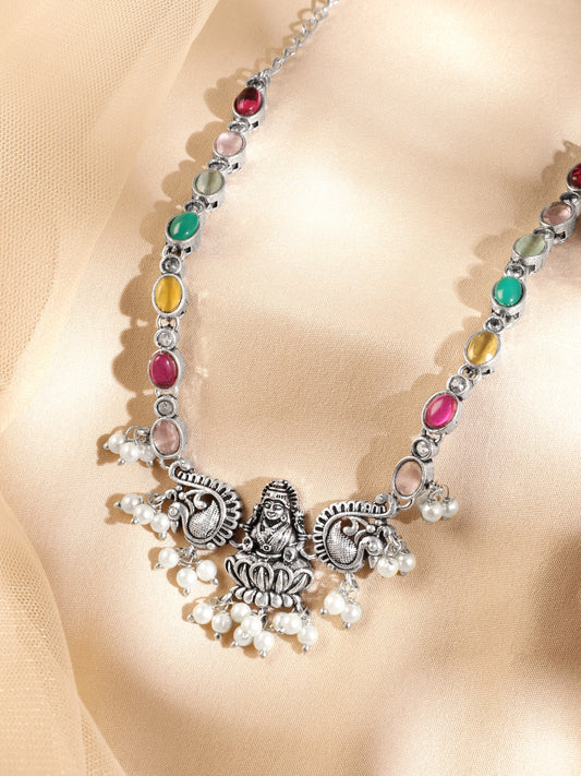 Rubans Oxidized Silver-Plated Multicolor Stone Studded Divine Lakshmi Motif Necklace with Pearl Accents