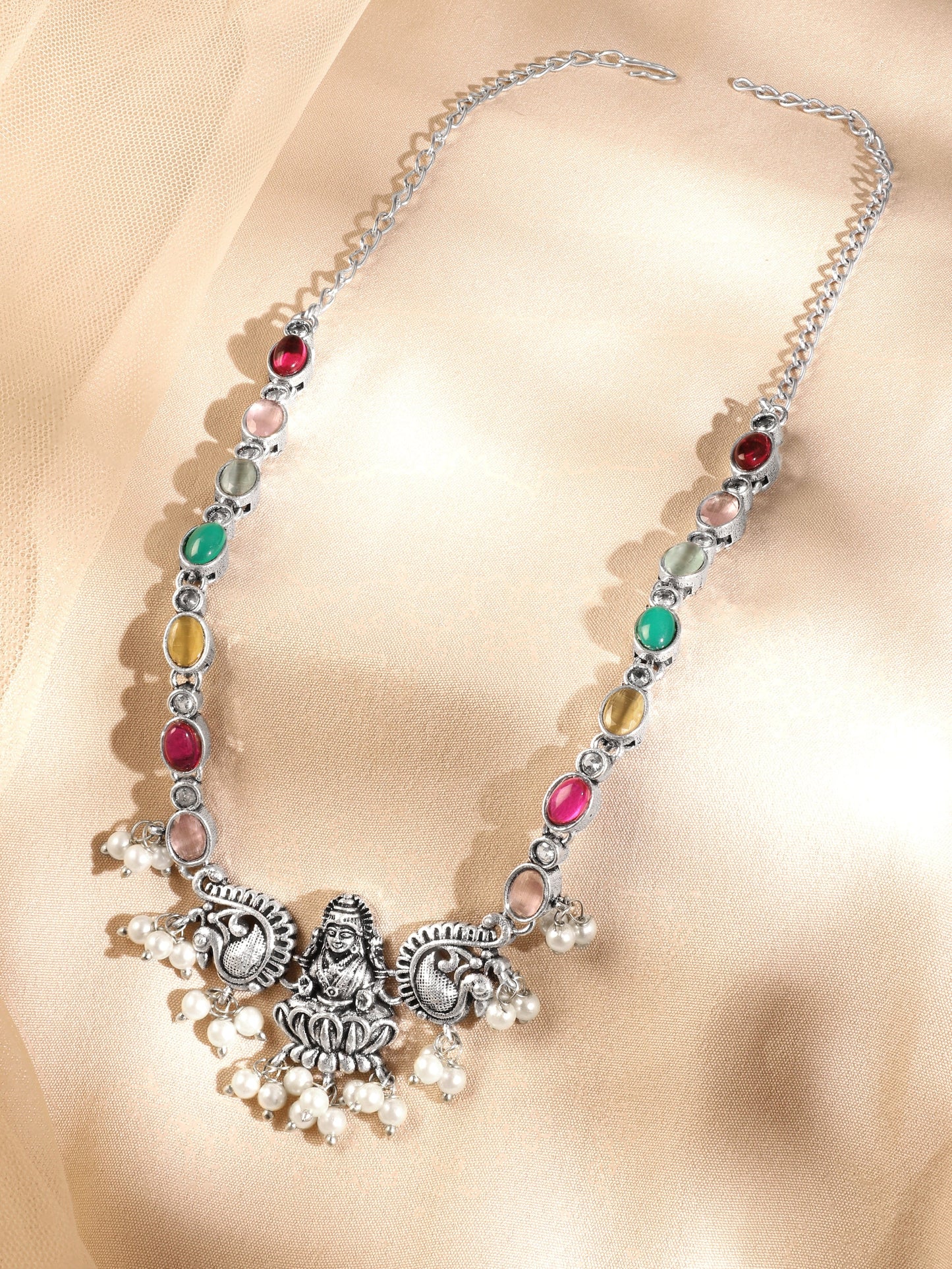 Rubans Oxidized Silver-Plated Multicolor Stone Studded Divine Lakshmi Motif Necklace with Pearl Accents