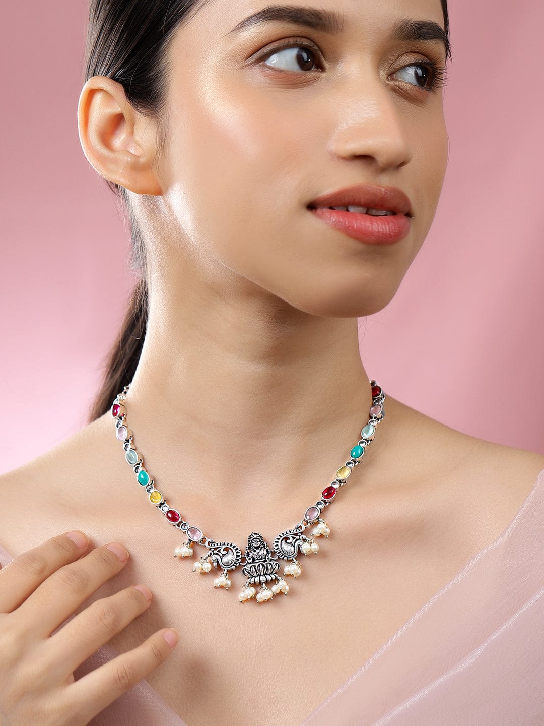 Rubans Oxidized Silver-Plated Multicolor Stone Studded Divine Lakshmi Motif Necklace with Pearl Accents