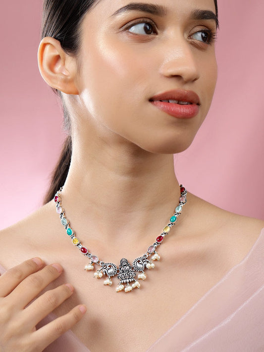 Rubans Oxidized Silver-Plated Multicolor Stone Studded Divine Lakshmi Motif Necklace with Pearl Accents