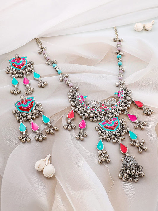 Rubans Oxidized Silver-Plated Multicolored Enamel & Beaded Elephant Motif Necklace Set with Dangling Silver Beads