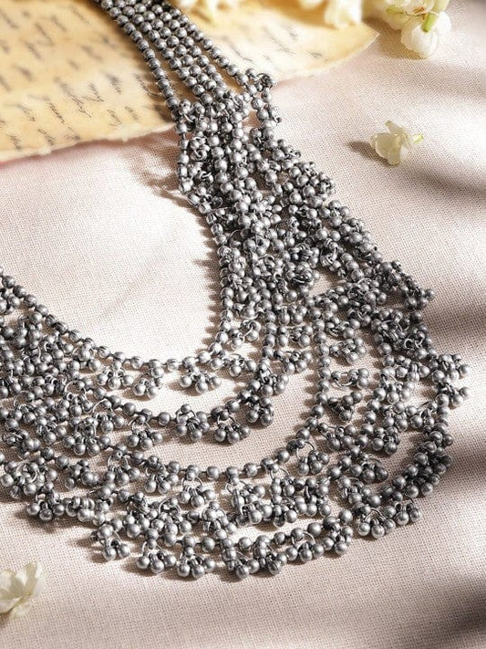 Rubans Oxidized Silver-Plated Multilayer Ghungroo Beaded Statement Necklace