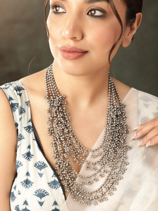 Rubans Oxidized Silver-Plated Multilayer Ghungroo Beaded Statement Necklace