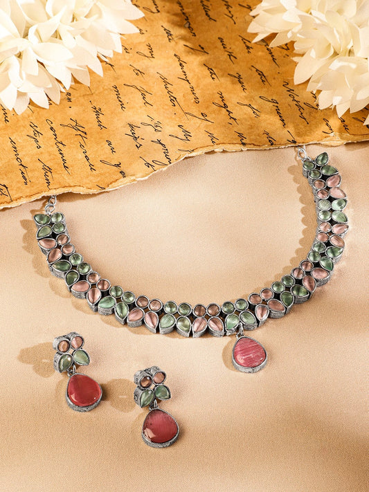Rubans Oxidized Silver-Plated Pastel Pink & Green Kundan Studded Necklace Set with Drop Earrings