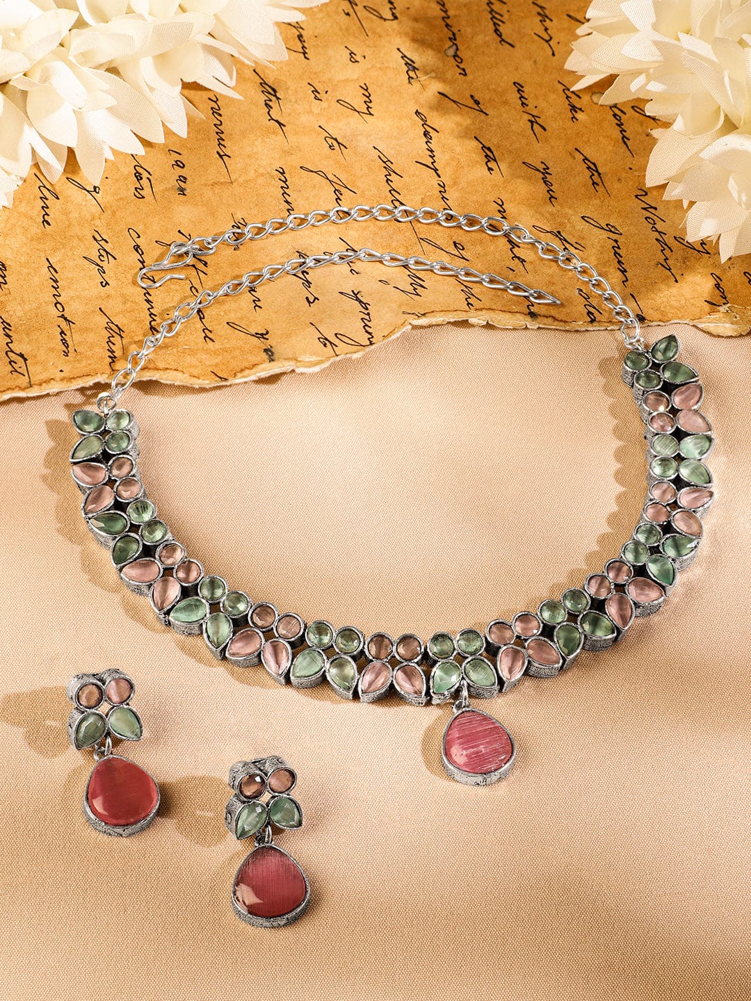 Rubans Oxidized Silver-Plated Pastel Pink & Green Kundan Studded Necklace Set with Drop Earrings