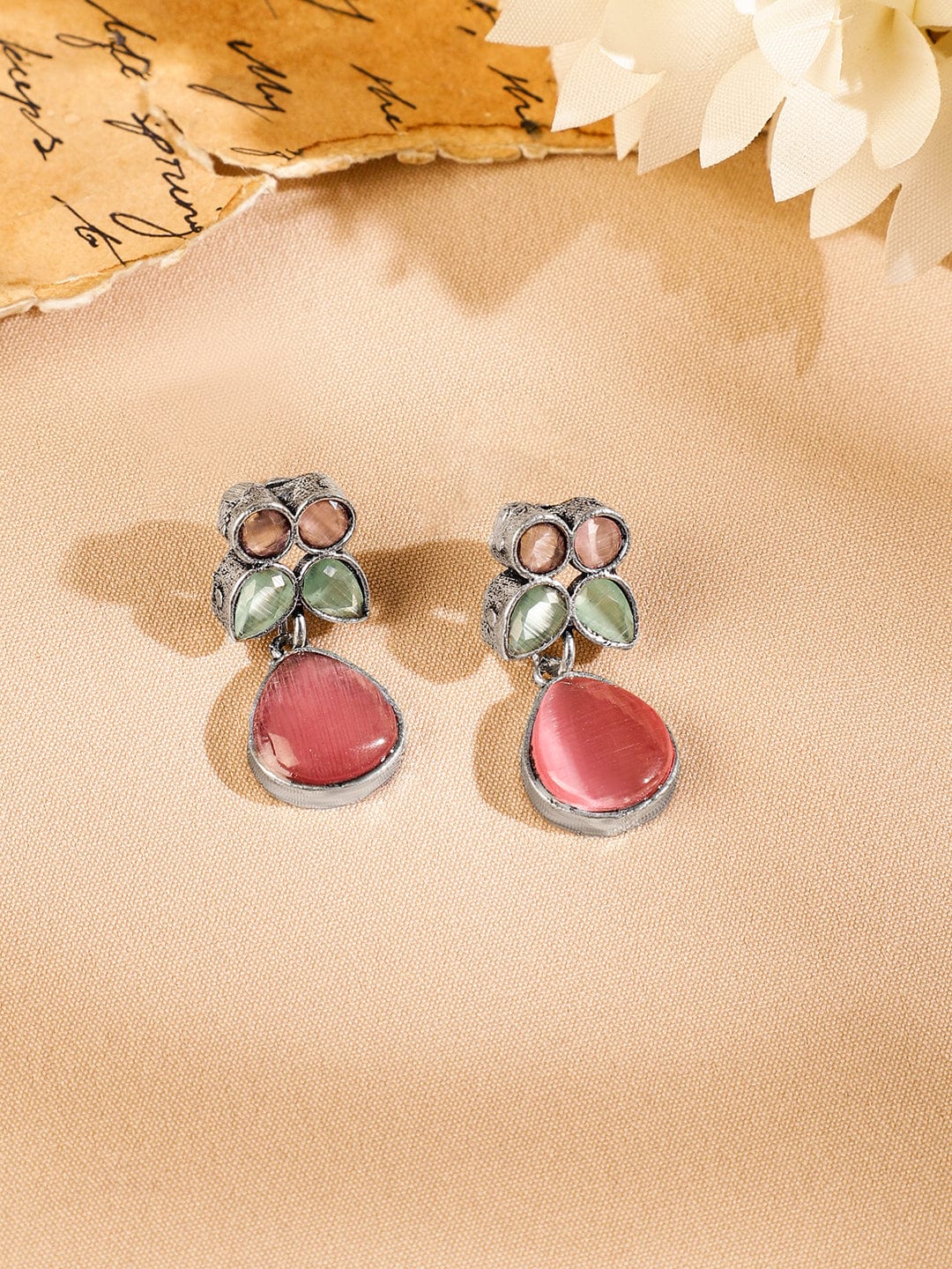 Rubans Oxidized Silver-Plated Pastel Pink & Green Kundan Studded Necklace Set with Drop Earrings