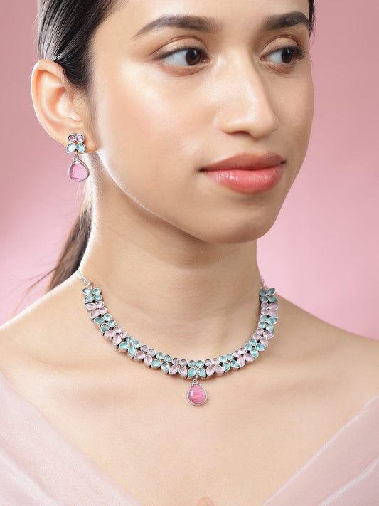 Rubans Oxidized Silver-Plated Pastel Pink & Green Kundan Studded Necklace Set with Drop Earrings