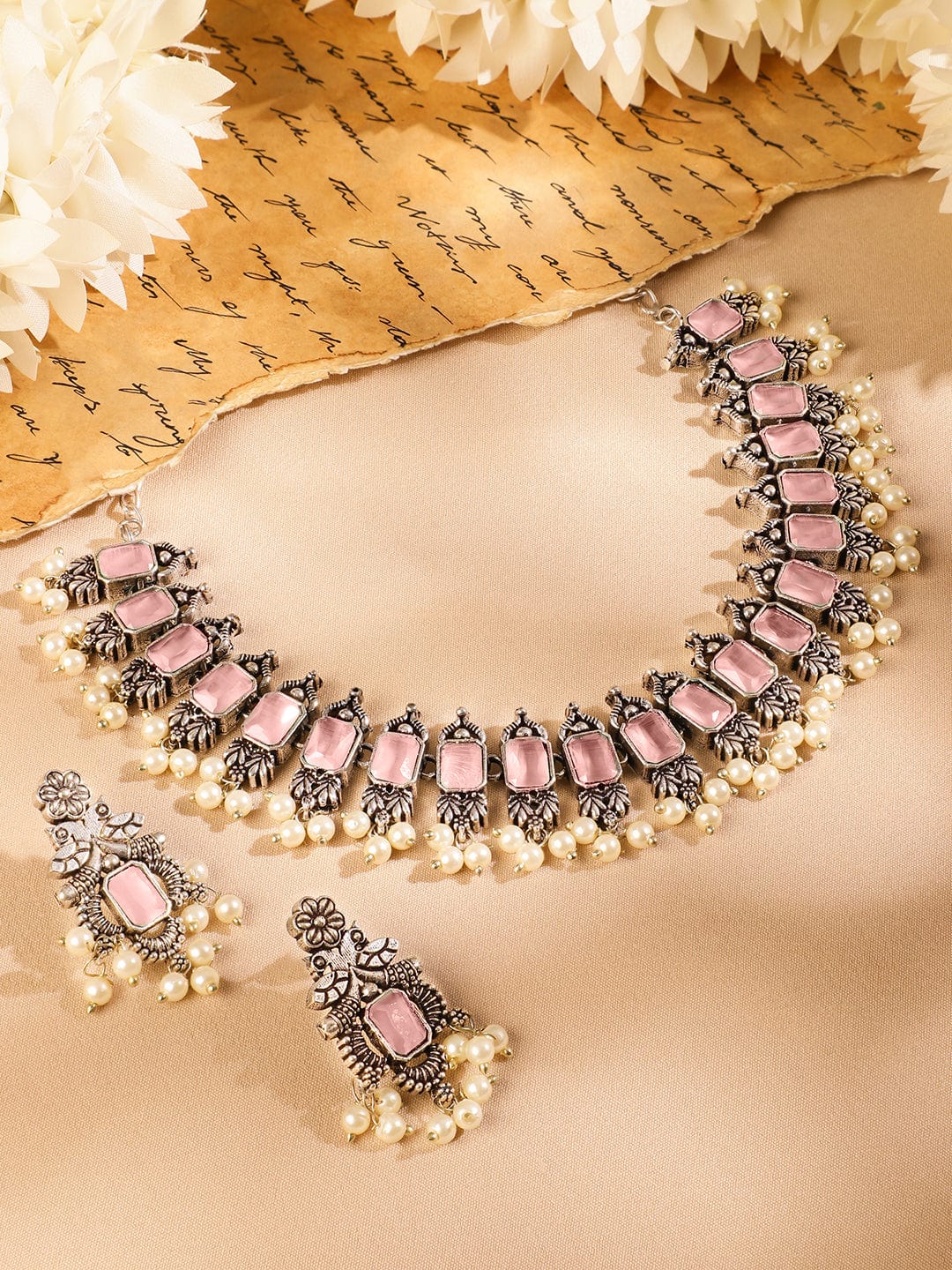 Rubans Oxidized Silver-Plated Pastel Pink Stone Studded Pearl Beaded Traditional Necklace Set