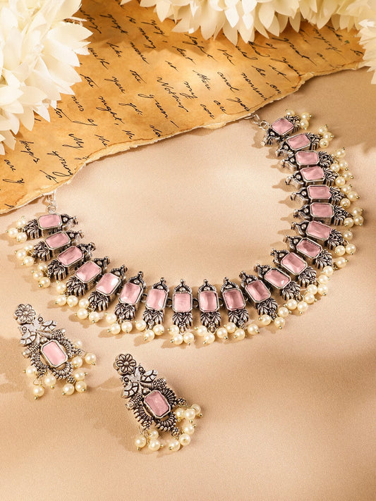 Rubans Oxidized Silver-Plated Pastel Pink Stone Studded Pearl Beaded Traditional Necklace Set