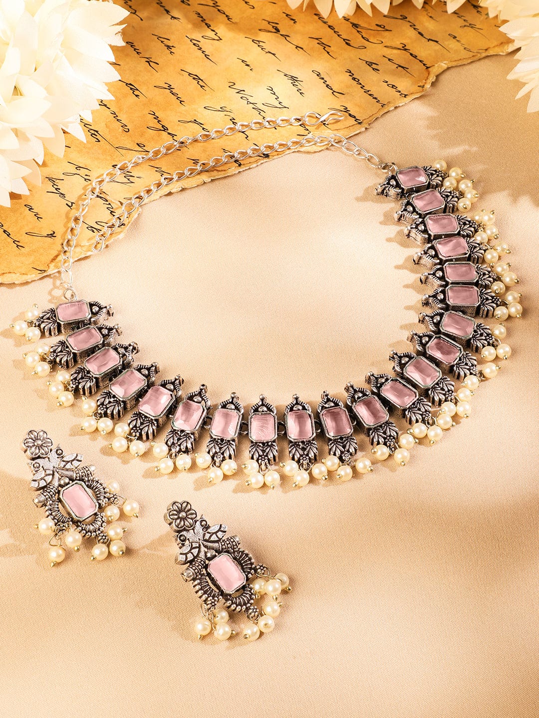 Rubans Oxidized Silver-Plated Pastel Pink Stone Studded Pearl Beaded Traditional Necklace Set