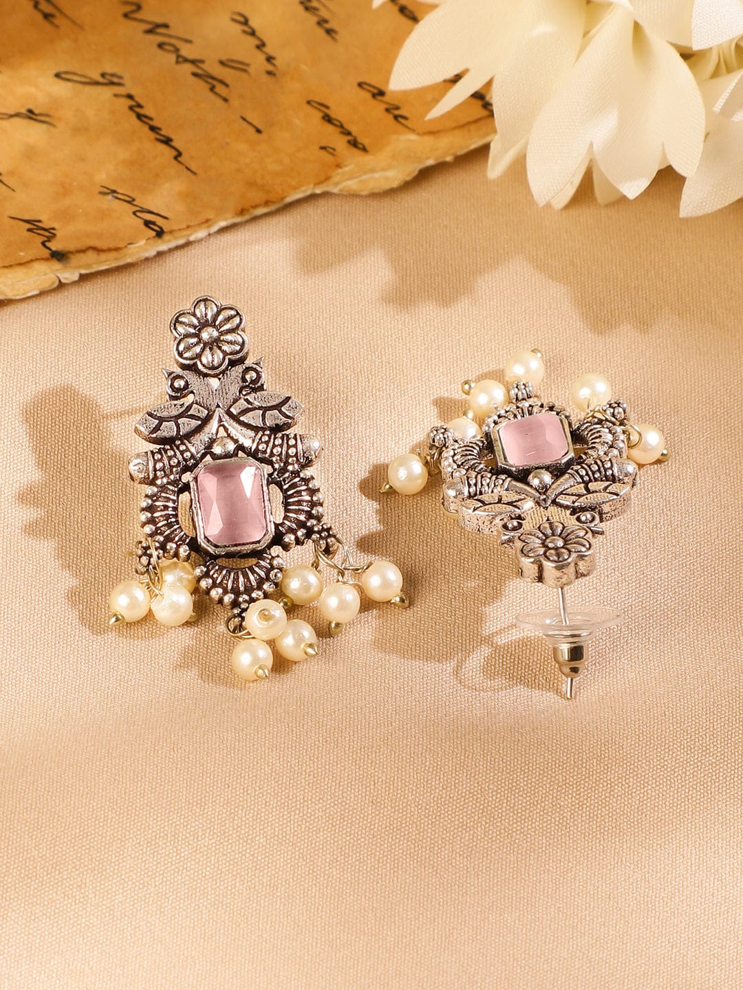 Rubans Oxidized Silver-Plated Pastel Pink Stone Studded Pearl Beaded Traditional Necklace Set