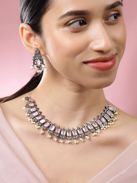 Rubans Oxidized Silver-Plated Pastel Pink Stone Studded Pearl Beaded Traditional Necklace Set