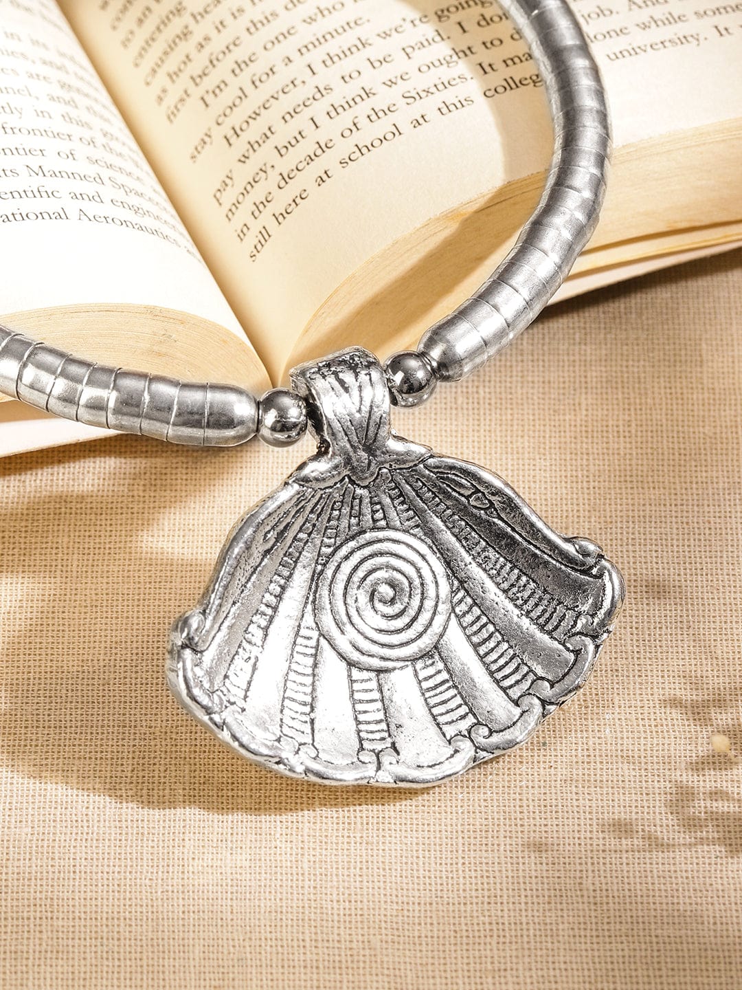 Rubans Oxidized Silver-Plated Shell Design Statement Choker Necklace for Women