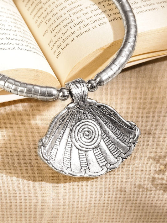 Rubans Oxidized Silver-Plated Shell Design Statement Choker Necklace for Women