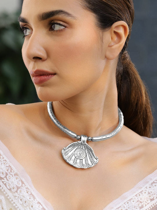 Rubans Oxidized Silver-Plated Shell Design Statement Choker Necklace for Women