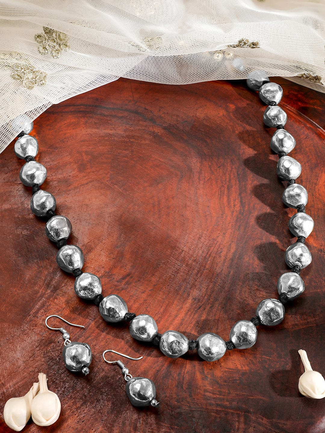 Rubans Oxidized Silver-Plated Statement Beaded Necklace & Earrings Set