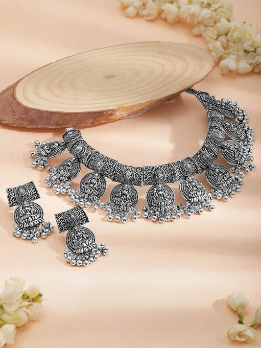 Rubans Oxidized Silver-Plated Traditional Goddess Lakshmi Coin Necklace Set with Beads