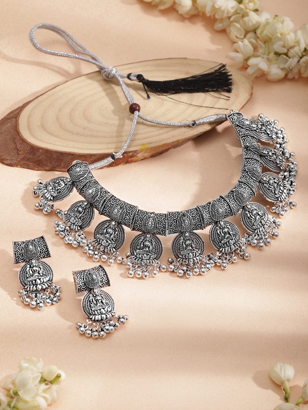 Rubans Oxidized Silver-Plated Traditional Goddess Lakshmi Coin Necklace Set with Beads