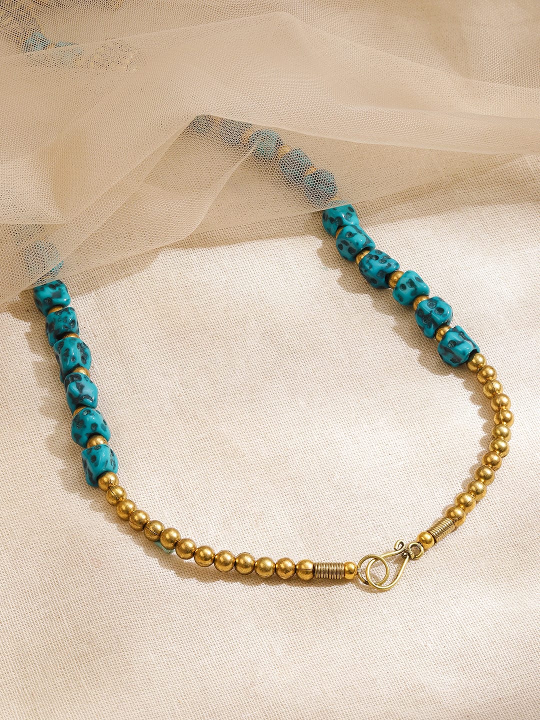 Rubans Oxidized Silver-Plated Tribal Pendant Necklace with Turquoise Blue Beads & Dome Charms
