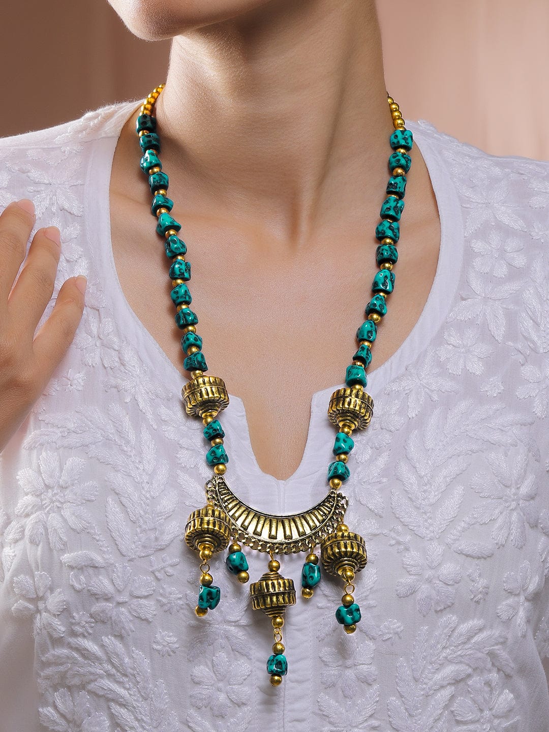 Rubans Oxidized Silver-Plated Tribal Pendant Necklace with Turquoise Blue Beads & Dome Charms