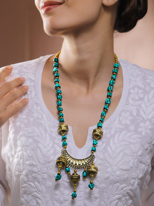 Rubans Oxidized Silver-Plated Tribal Pendant Necklace with Turquoise Blue Beads & Dome Charms