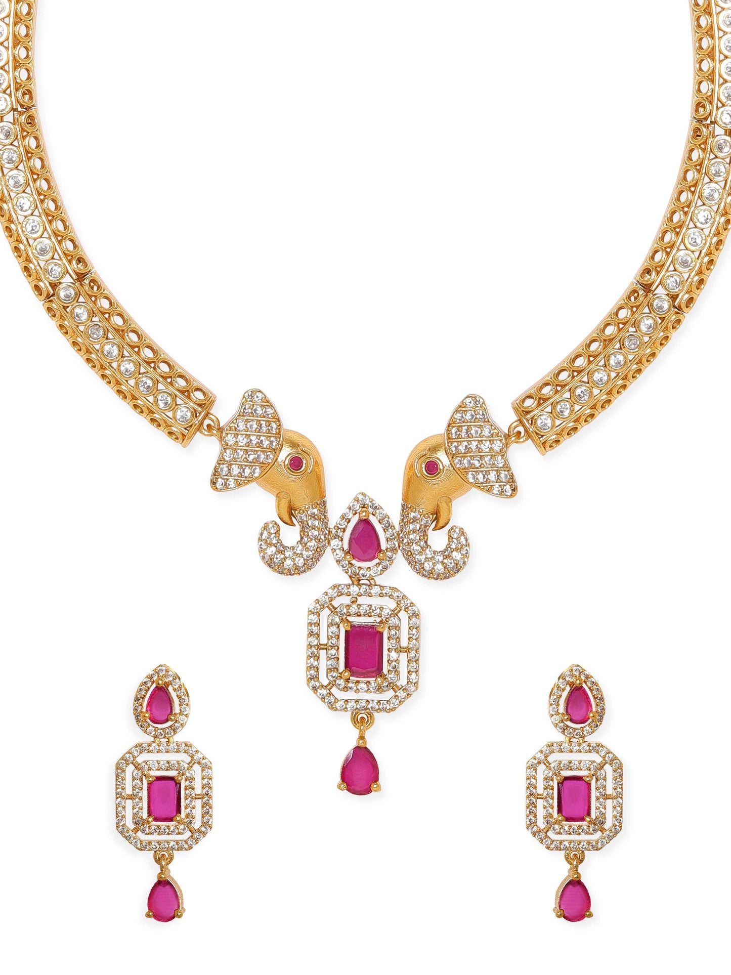 Rubans Radiant Gold-Plated AD & Pink Stone Necklace Set
