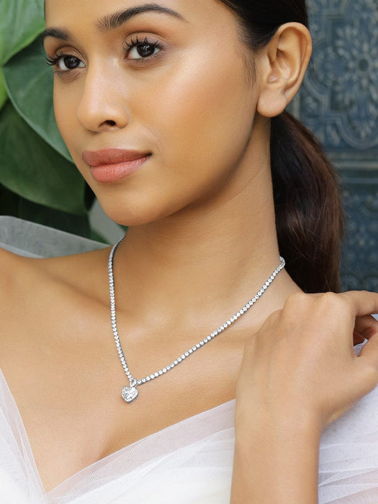 Rubans Rhodium-Plated AD & Cubic Zirconia Studded Heart Pendant Necklace