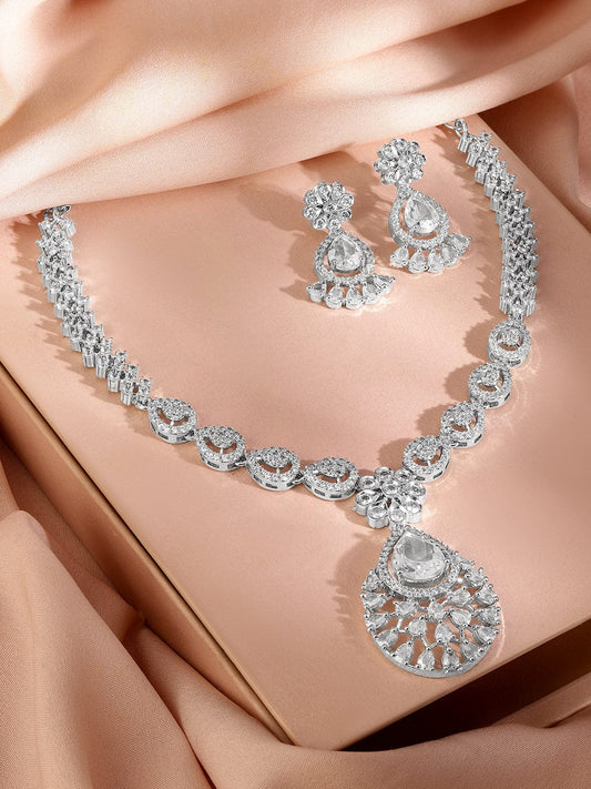 Rubans Rhodium-Plated AD & Cubic Zirconia Studded Statement Necklace Set