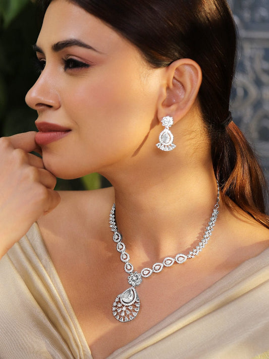 Rubans Rhodium-Plated AD & Cubic Zirconia Studded Statement Necklace Set