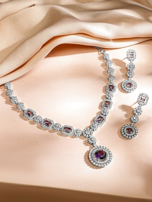 Rubans Rhodium-Plated Amethyst Purple & AAA Cubic Zirconia Luxe Necklace Set in Silver Tone for Women