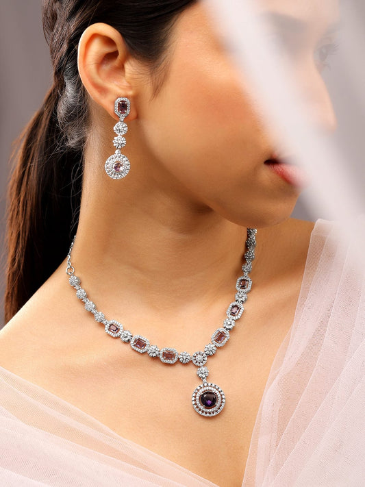Rubans Rhodium-Plated Amethyst Purple & AAA Cubic Zirconia Luxe Necklace Set in Silver Tone for Women
