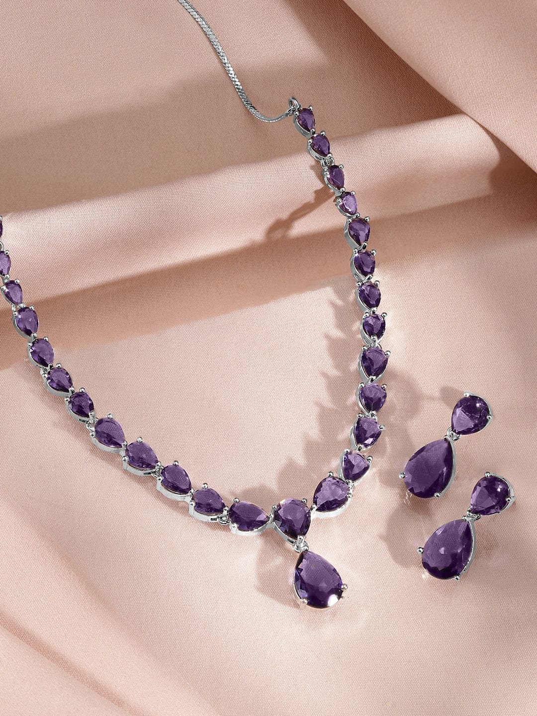 Rubans Rhodium-Plated Amethyst Purple AD & Cubic Zirconia Studded Necklace Set