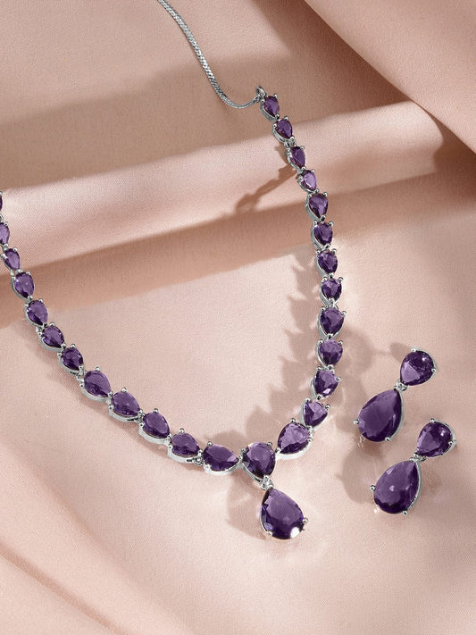 Rubans Rhodium-Plated Amethyst Purple AD & Cubic Zirconia Studded Necklace Set