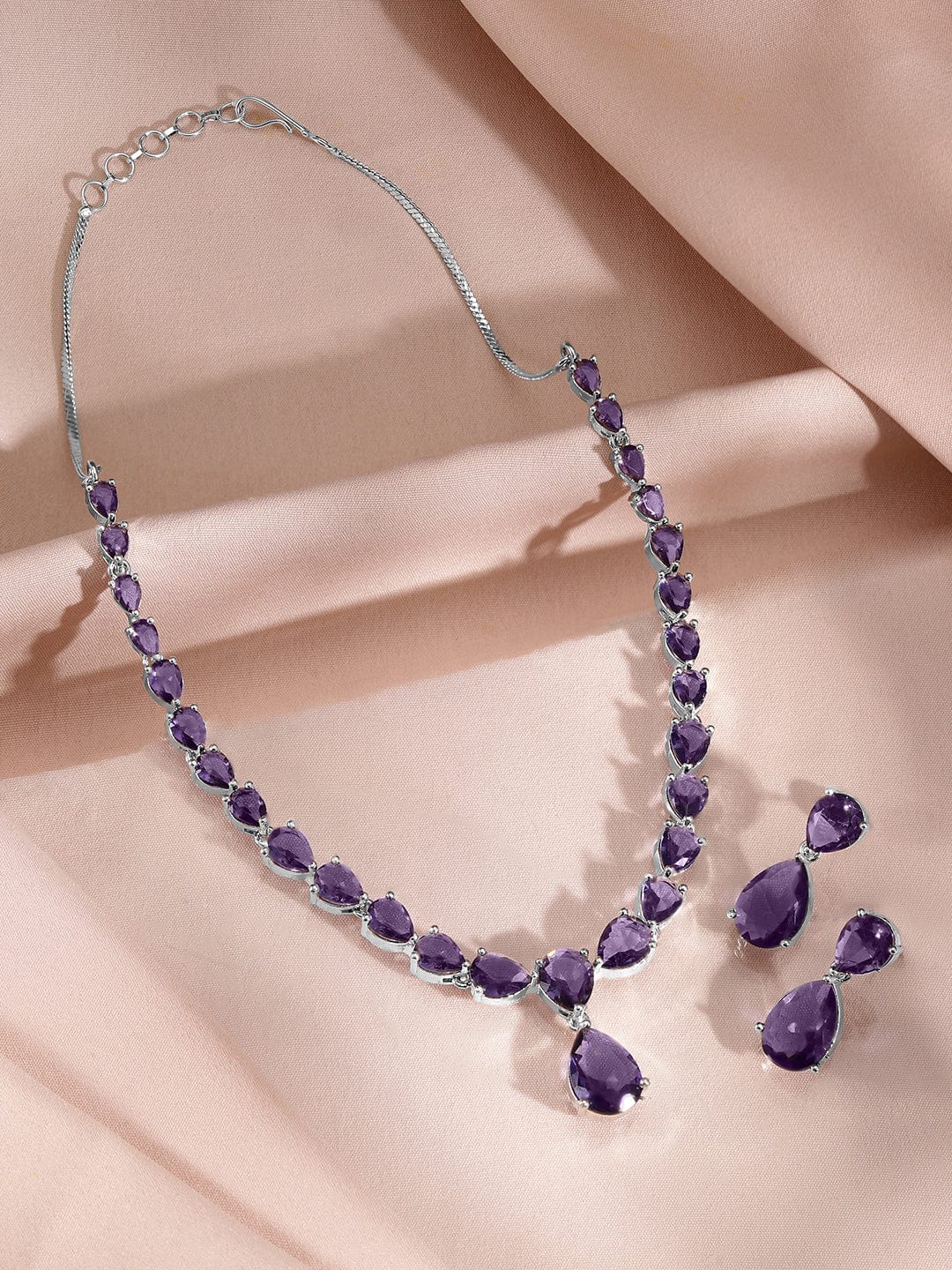 Rubans Rhodium-Plated Amethyst Purple AD & Cubic Zirconia Studded Necklace Set