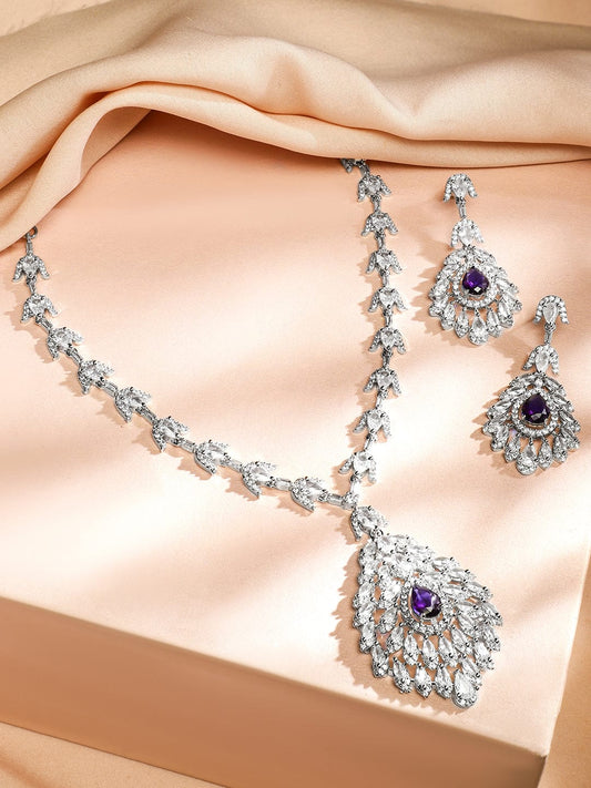 Rubans Rhodium-Plated Amethyst Purple & White Cubic Zirconia Stone Luxe Drop Necklace Set