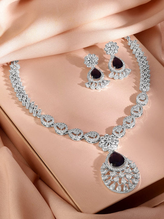 Rubans Rhodium-Plated Black Onyx AD & Cubic Zirconia Studded Necklace Set