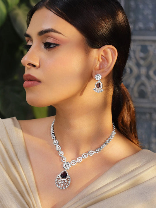 Rubans Rhodium-Plated Black Onyx AD & Cubic Zirconia Studded Necklace Set