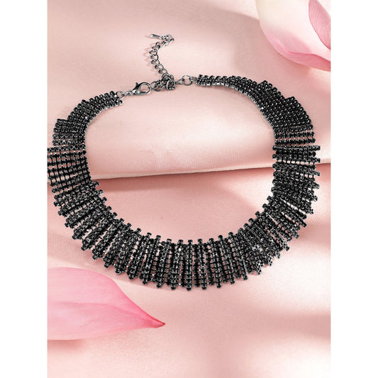 Rubans Rhodium Plated Black Oxidized Rhinestone Studded Statement Choker Necklace