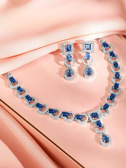 Rubans Rhodium-Plated Blue Sapphire AD & Cubic Zirconia Studded Necklace Set