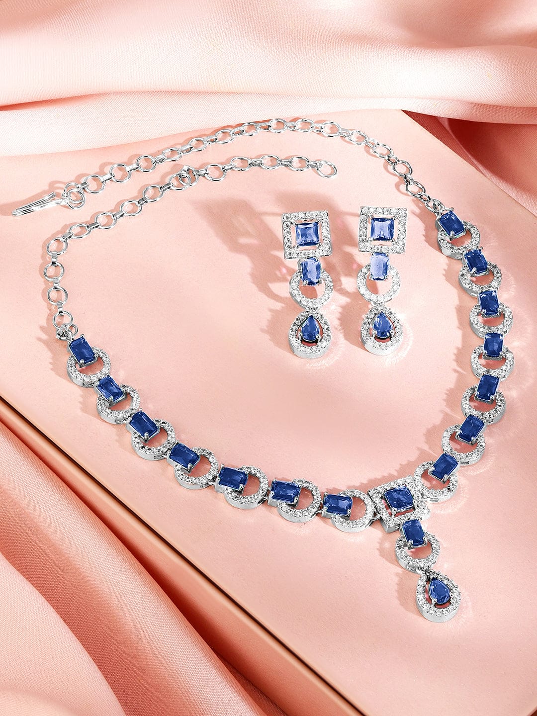 Rubans Rhodium-Plated Blue Sapphire AD & Cubic Zirconia Studded Necklace Set