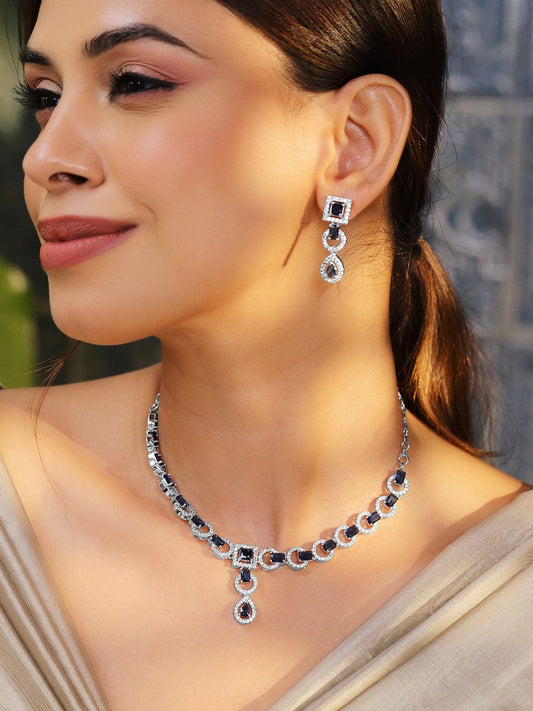 Rubans Rhodium-Plated Blue Sapphire AD & Cubic Zirconia Studded Necklace Set