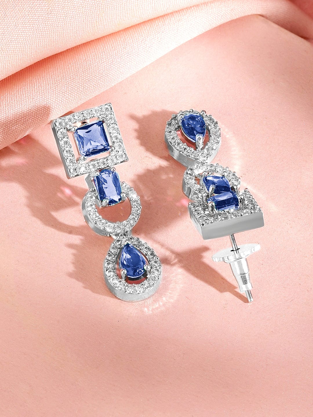 Rubans Rhodium-Plated Blue Sapphire AD & Cubic Zirconia Studded Necklace Set