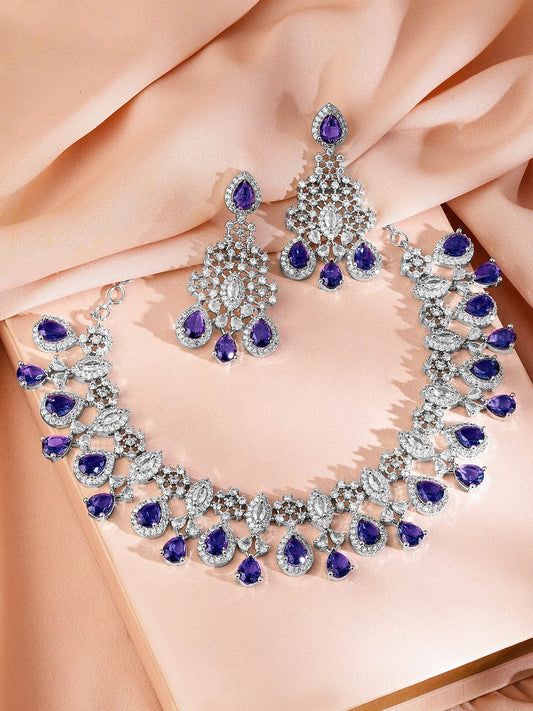 Rubans Rhodium-Plated Blue Sapphire & Amethyst Purple CubicZirconia Statement Necklace Set