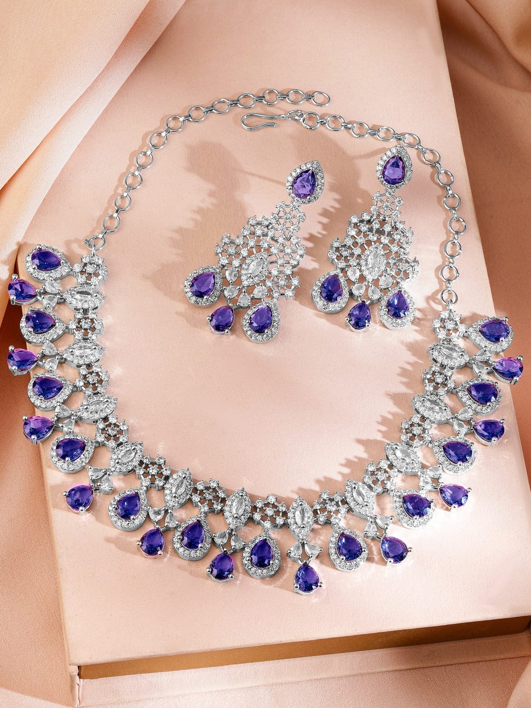 Rubans Rhodium-Plated Blue Sapphire & Amethyst Purple CubicZirconia Statement Necklace Set