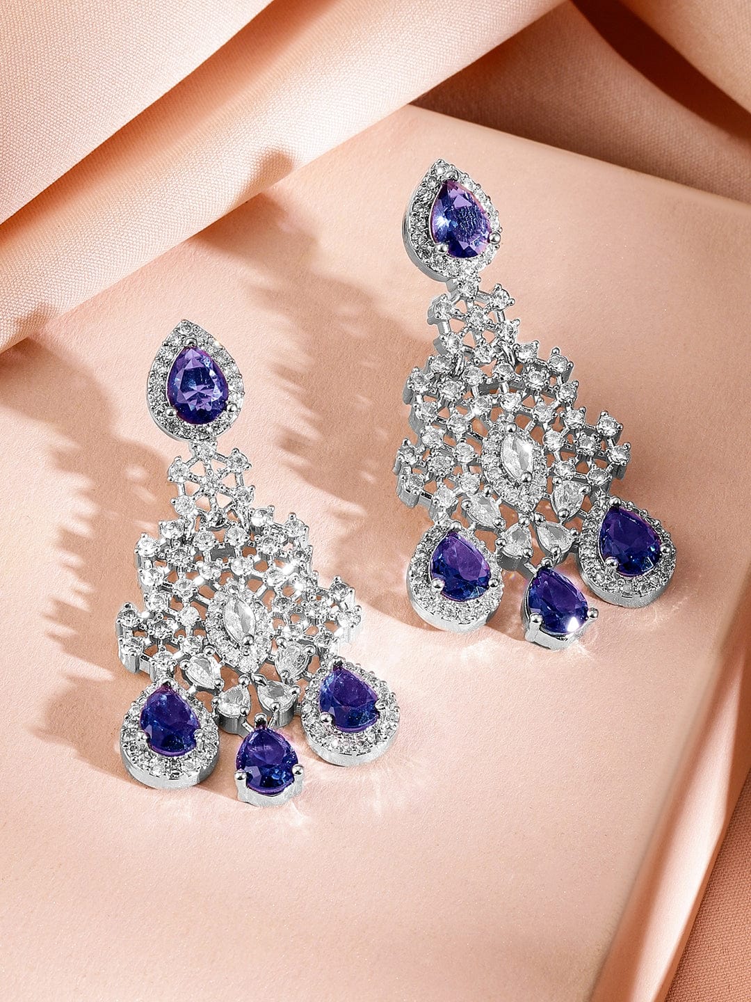 Rubans Rhodium-Plated Blue Sapphire & Amethyst Purple CubicZirconia Statement Necklace Set