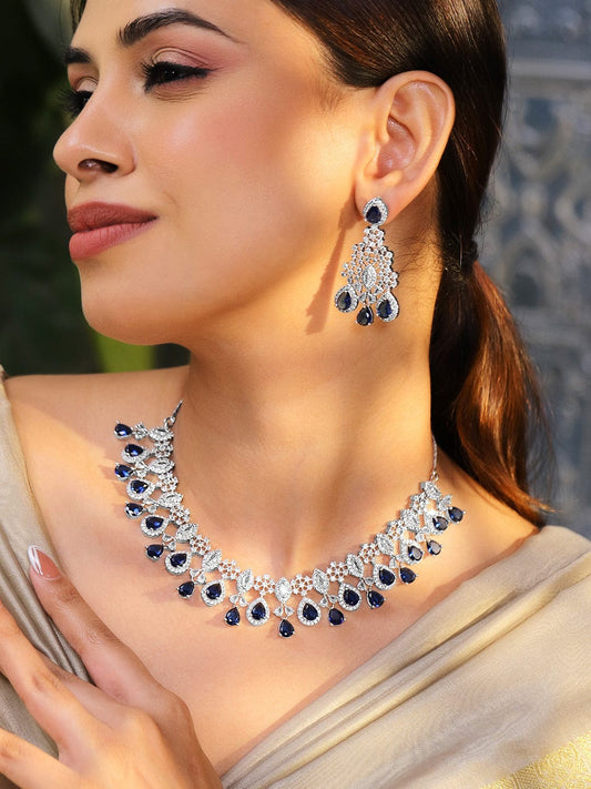 Rubans Rhodium-Plated Blue Sapphire & Amethyst Purple CubicZirconia Statement Necklace Set