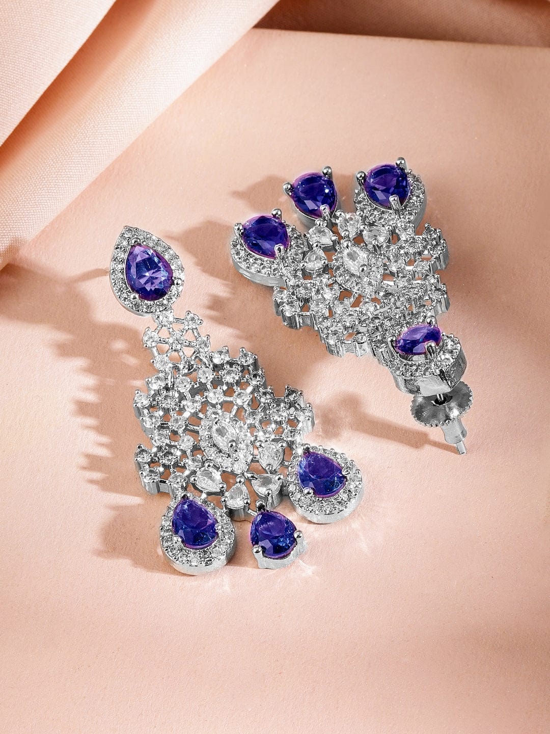Rubans Rhodium-Plated Blue Sapphire & Amethyst Purple CubicZirconia Statement Necklace Set