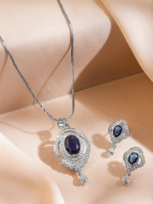 Rubans Rhodium-Plated Blue Sapphire & Cubic Zirconia Studded Oval Statement Pendant Necklace Set