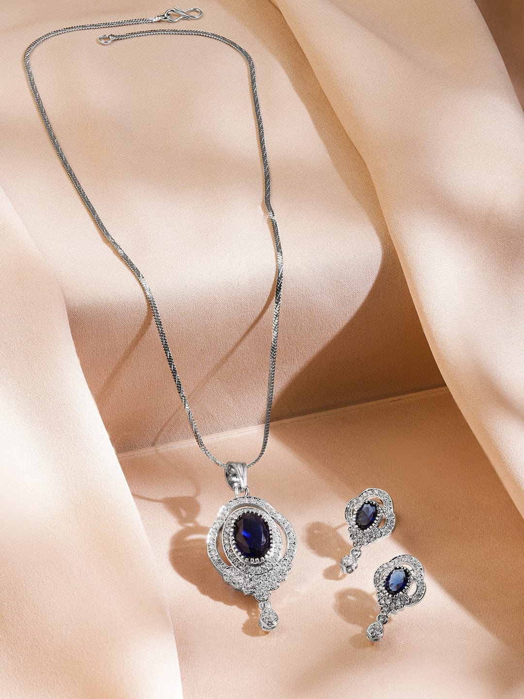 Rubans Rhodium-Plated Blue Sapphire & Cubic Zirconia Studded Oval Statement Pendant Necklace Set