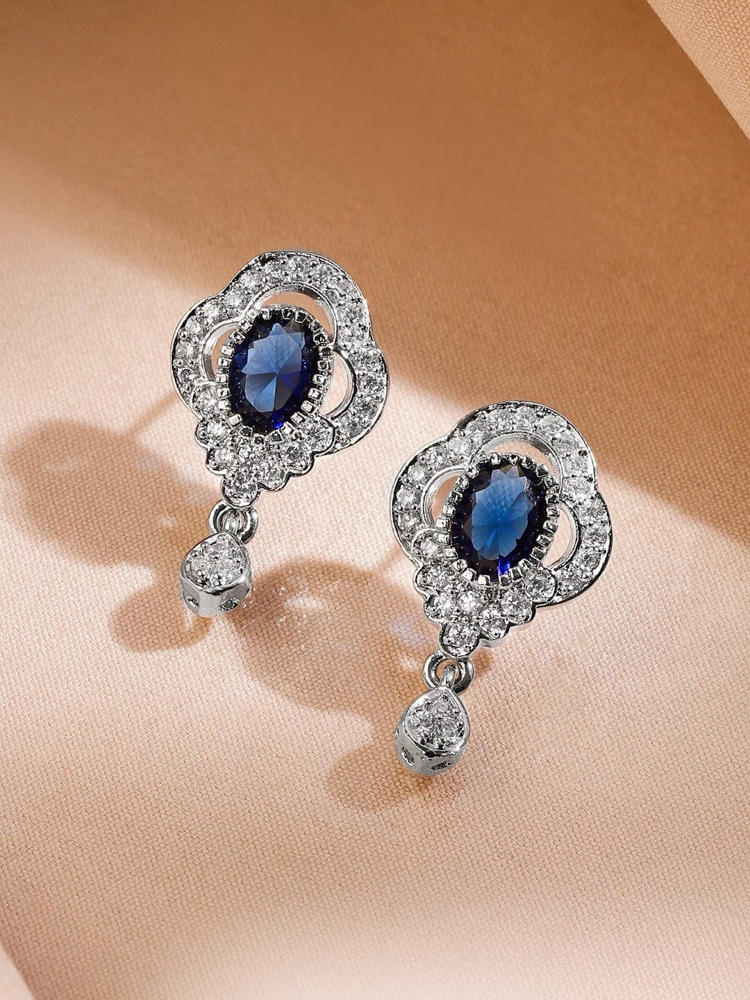 Rubans Rhodium-Plated Blue Sapphire & Cubic Zirconia Studded Oval Statement Pendant Necklace Set
